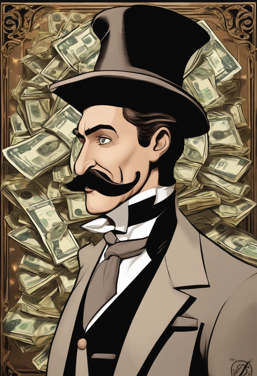 Disney Cartoon Movie Poster, avec un homme blanc mince mais avec un grand nez, He is dressed in a nice suit and hat like Arsene Lupin, il a aussi une canne avec un diamant au bout, standing in a safe filled with bills and coins, With an evil smile, Inside a safe filled with cash.