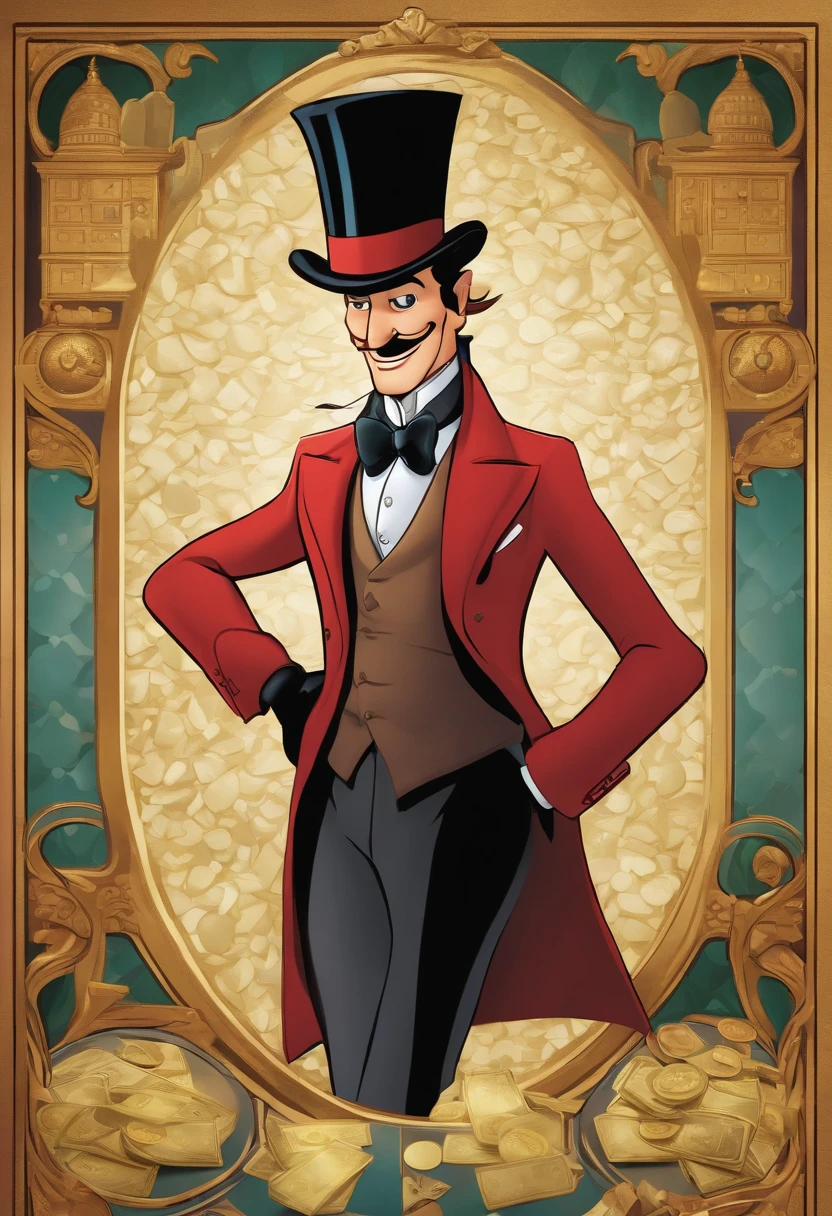 Disney Cartoon Movie Poster, avec un homme blanc mince mais avec un grand nez, He is dressed in a nice suit and hat like Arsene Lupin, il a aussi une canne avec un diamant au bout, standing in a safe filled with bills and coins, With an evil smile, Inside a safe filled with cash.