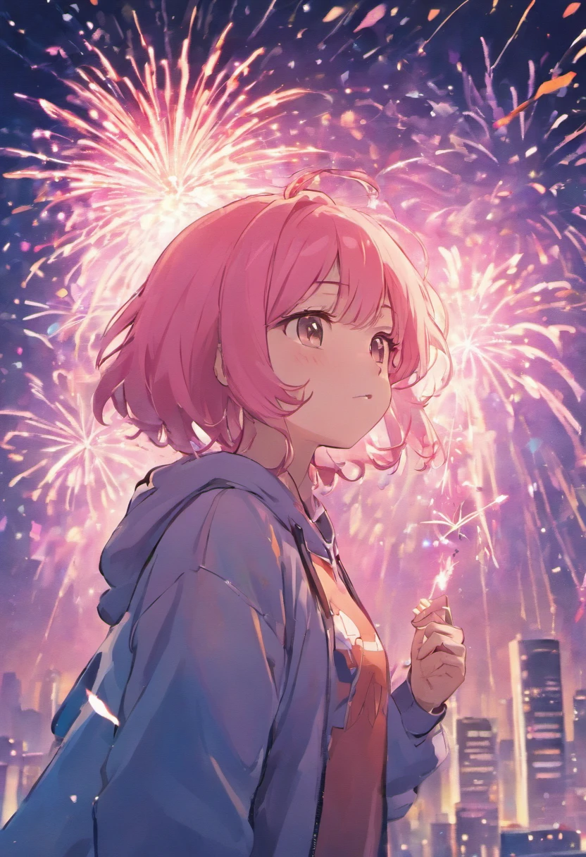 Anime girl with pink hoodie and fireworks background, anime style 4 k, nightcore, Cute art style, anime art wallpaper 4k, anime art wallpaper 4k, anime wallaper, splash art anime loli, Cute anime girl, sparklers, anime style illustration, [ Fireworks in the sky ]!!, Anime style. 8K, anime vibes