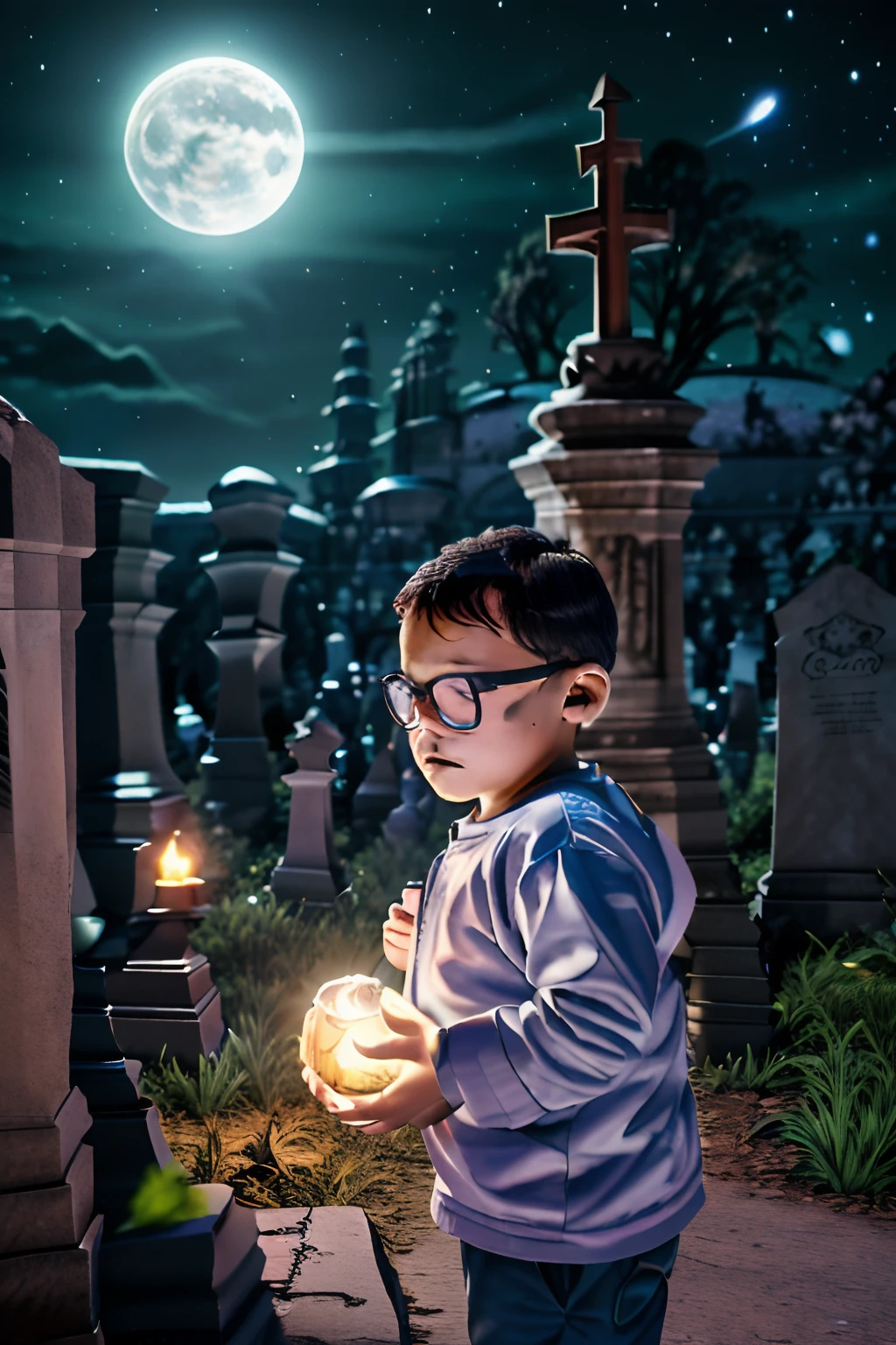 guttojugg1, Create a portrait of a 3-year-old boy with black hair, wearing glasses, dressed in the classic ghost costume with a white sheet. He is in a cemetery with many tombstones and Halloween pumpkin heads. It's a night with a full moon. The image should be realistic, highly detailed, rendered with Unreal Engine, and in Ultra HD (UHD).