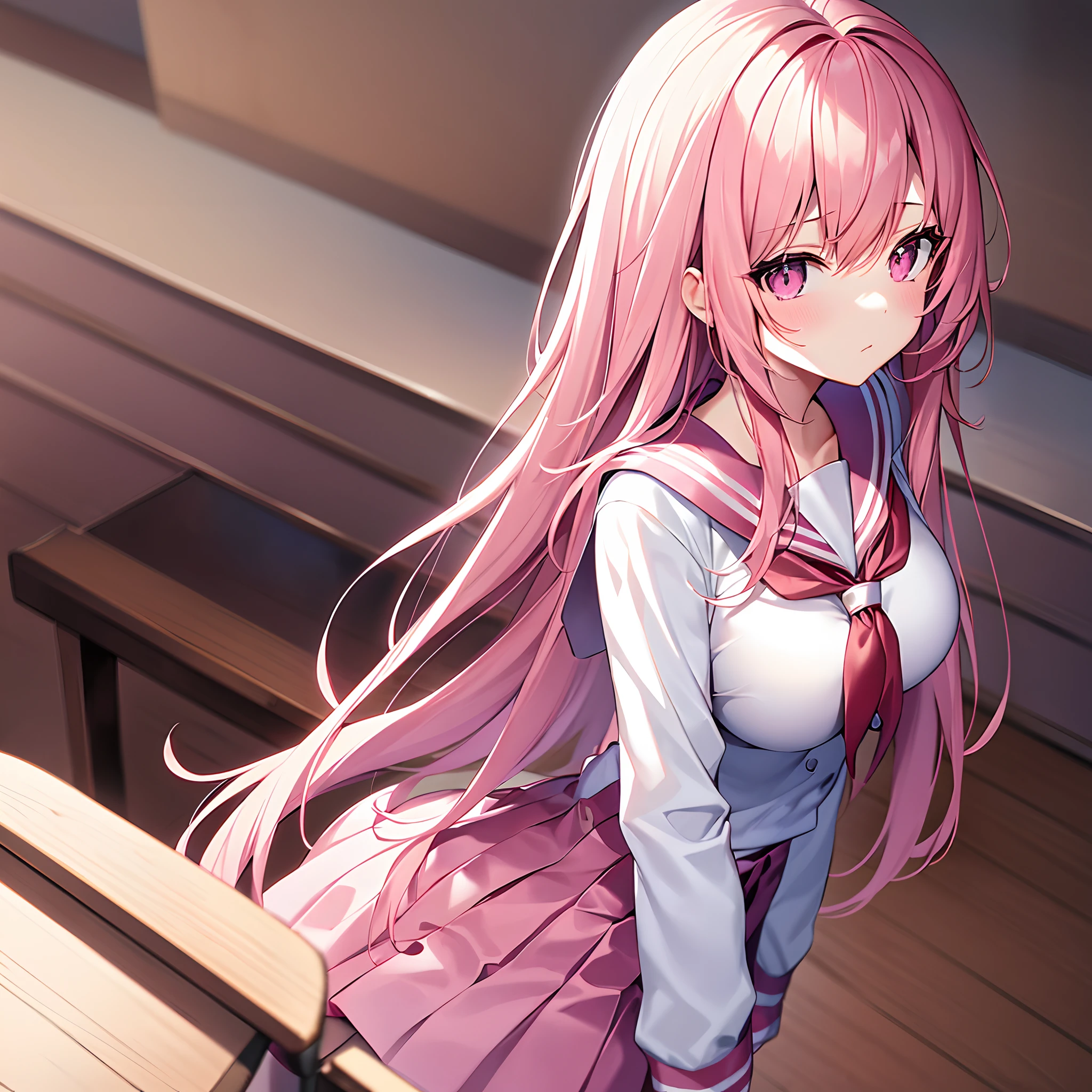 Long light pink hair to the waist，dishiveredhair，Pink eyes，Loving pupils，Sailor uniform school uniform，Big breasts ****，girl，A pitying expression appeared，In the classroom，Kittens