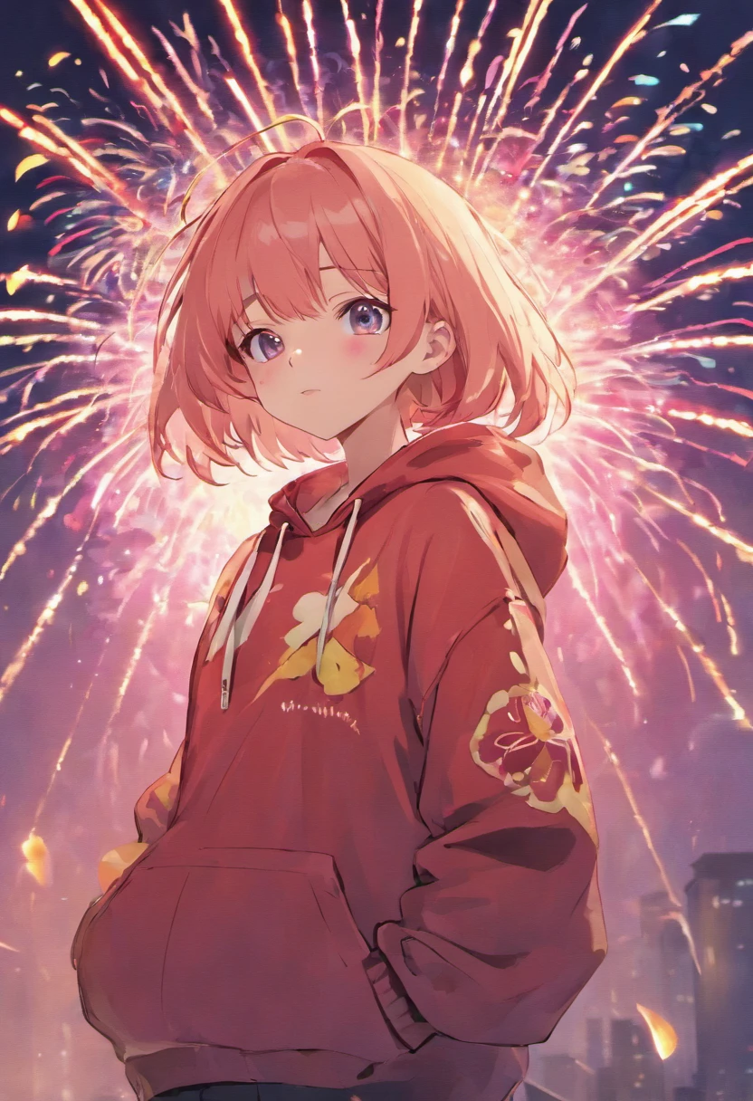 Anime girl with pink hoodie and fireworks background, an anime drawing by Kanbun Master, Pixiv Contest Winner, serial art, anime style 4 k, nightcore, Cute art style, anime art wallpaper 4k, anime art wallpaper 4k, anime wallaper, Cute anime girl, sparklers, splash art anime loli, anime style illustration