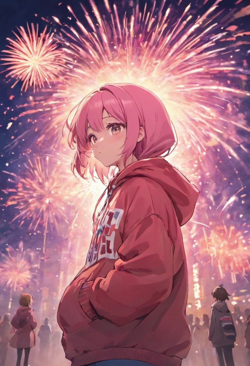 Anime girl with pink hoodie and fireworks background, an anime drawing by Kanbun Master, Pixiv Contest Winner, serial art, anime style 4 k, nightcore, Cute art style, anime art wallpaper 4k, anime art wallpaper 4k, anime wallaper, Cute anime girl, sparklers, splash art anime , anime style illustration