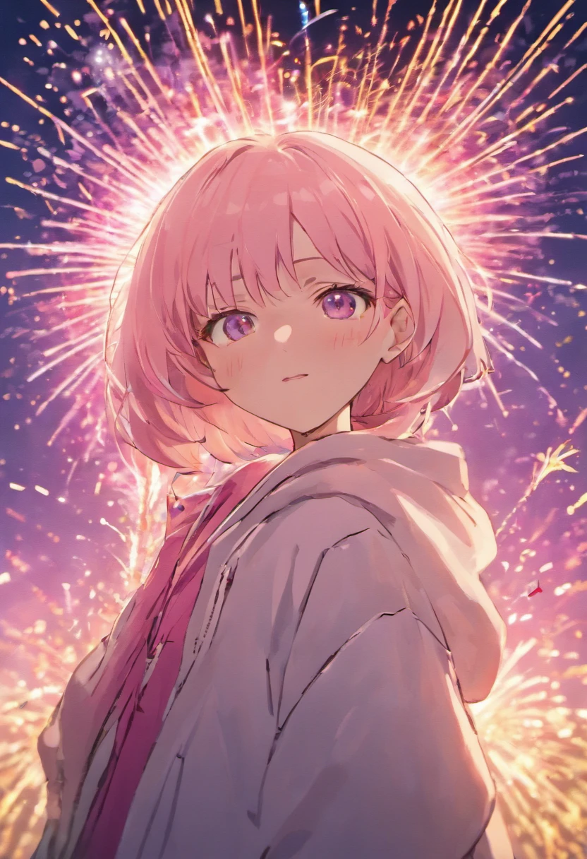 Anime girl with pink hoodie and fireworks background, an anime drawing by Kanbun Master, Pixiv Contest Winner, serial art, anime style 4 k, nightcore, Cute art style, anime art wallpaper 4k, anime art wallpaper 4k, anime wallaper, Cute anime girl, sparklers, splash art anime , anime style illustration