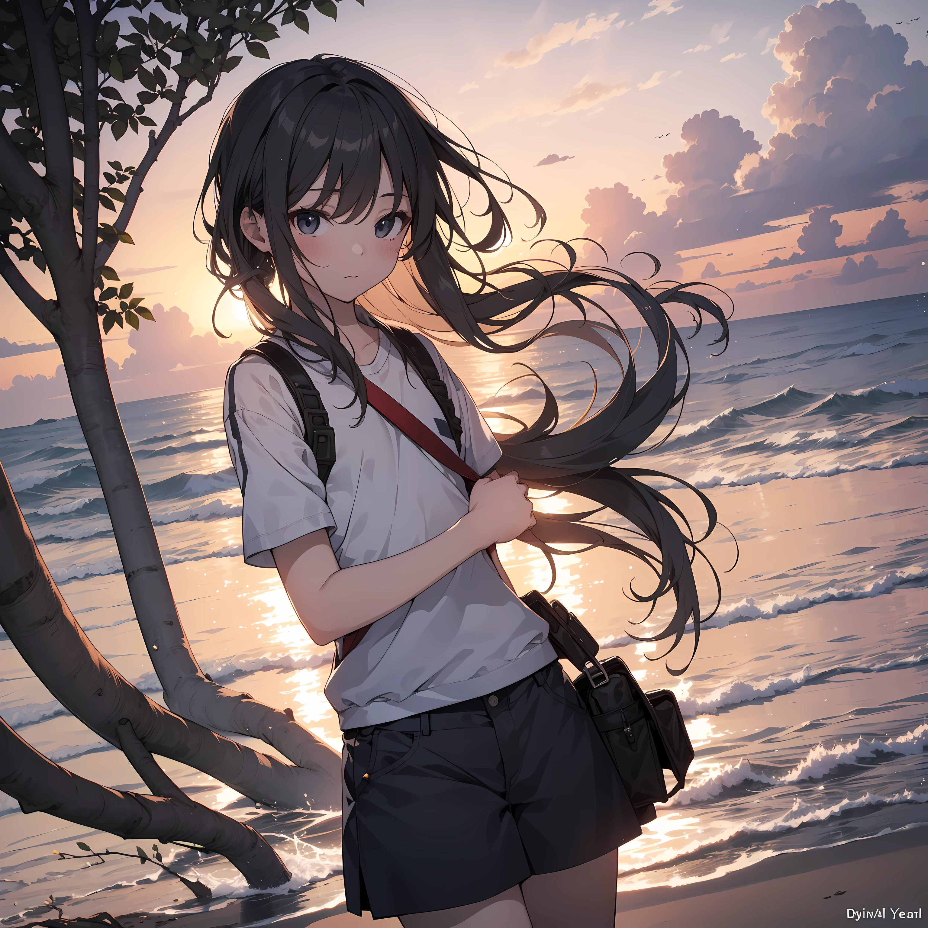masterpiece, Best Quality, ultra-quality, Ultra-detailed,Extremely delicate and beautiful,perfect anatomy, 1girl,solo,kawaii,(9 :1.5),a junior hiytail,baseboll cap,Full limbs,complete fingers,flat chest, Small butt,groin,Beautiful detailed black eyes,shorts,(Detailed Lighting), (Detailed background), (in the beach),8K, High resolution, Illustration,
