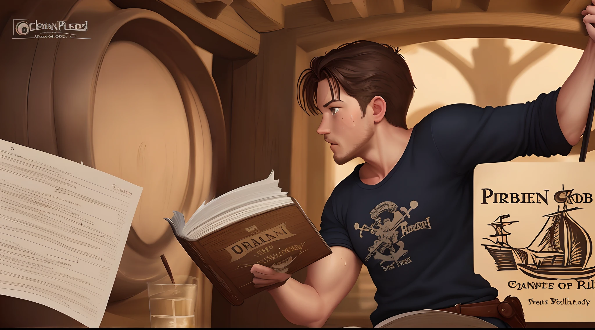 logo for a sweat-shirt. Cartoon style. Robin Hood lifting a maths book on the front of the Black Pearl from pirates of the Caribbean. Only the outline. In a side profile.