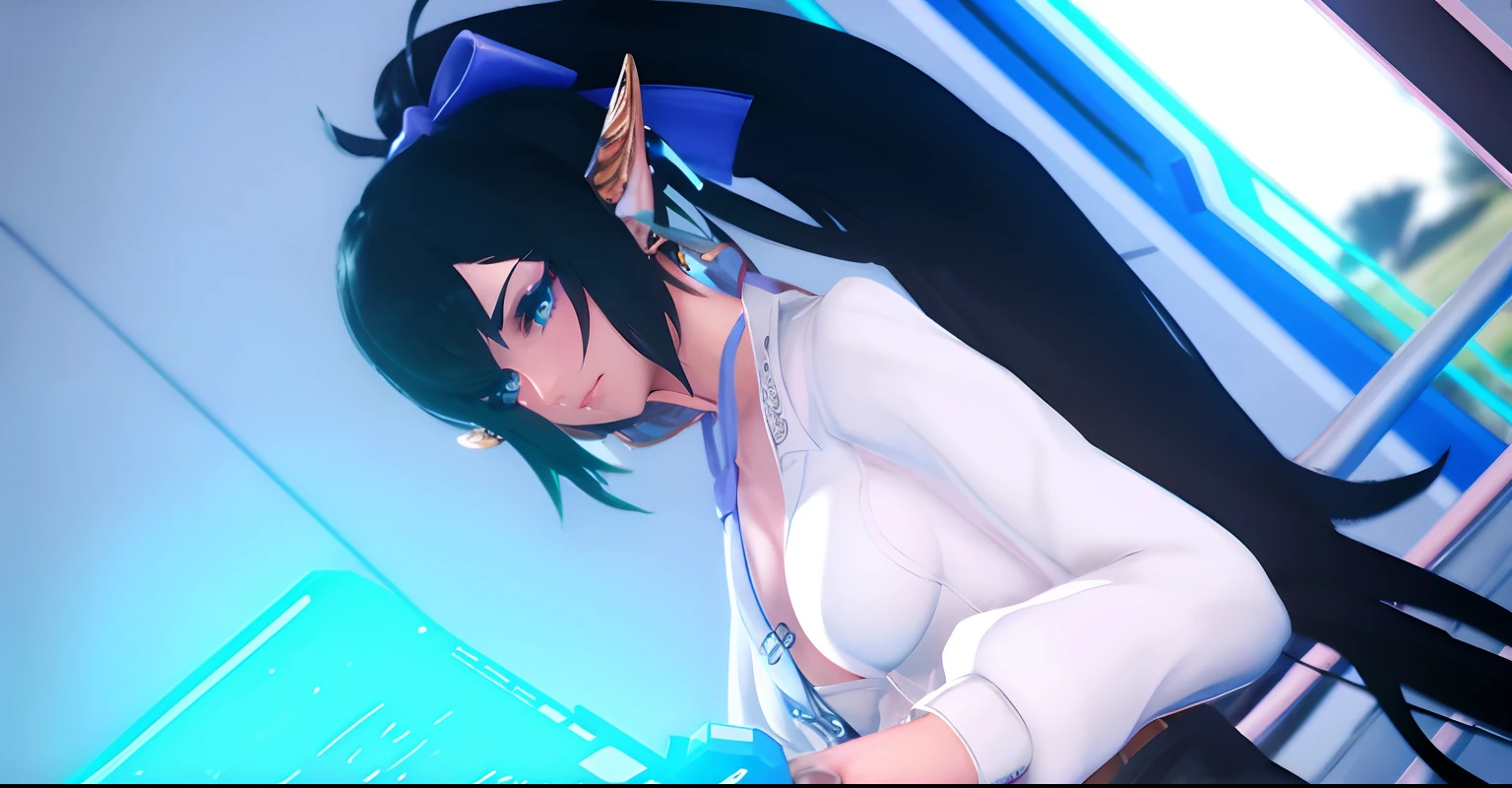 open office v-neck blouse, looking to the side, green eyes, blue eyelashes, purple necktie, gold elf ear armor, 3 light blue glowstick earrings, purple ribbon ponytail tie, sexy, looking at viewer,