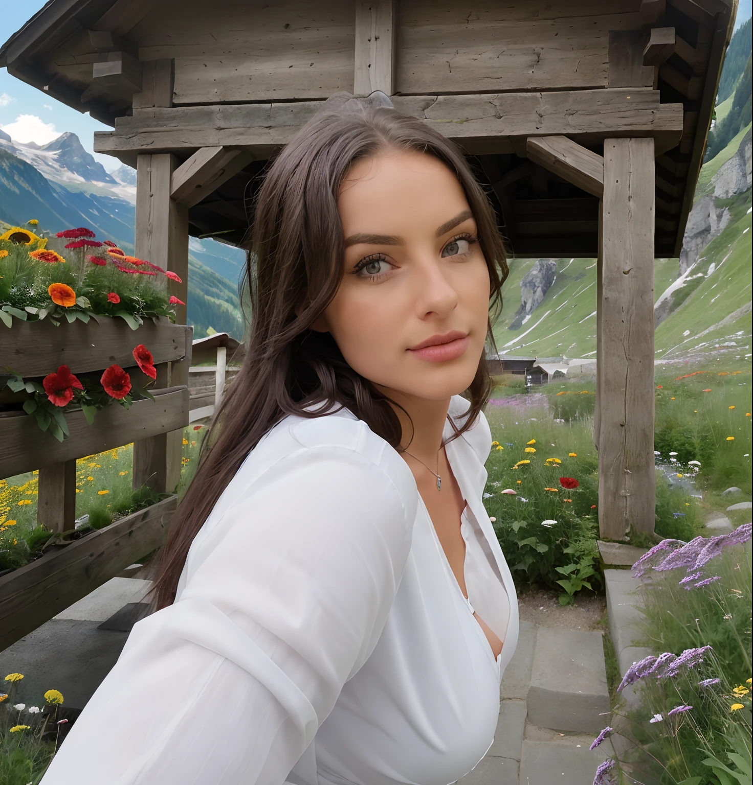 ((best qulaity)),((Meisterwerk)),((Realist)),(detailliert), Erwachsene, sexy, Rauh, Flirtend, (Blick in die Kamera), Sommerkleid, Wildblumen des Feldes, Suisse Mountains , ,((Meisterwerk)), horny face , Frau auf Bauernhof,