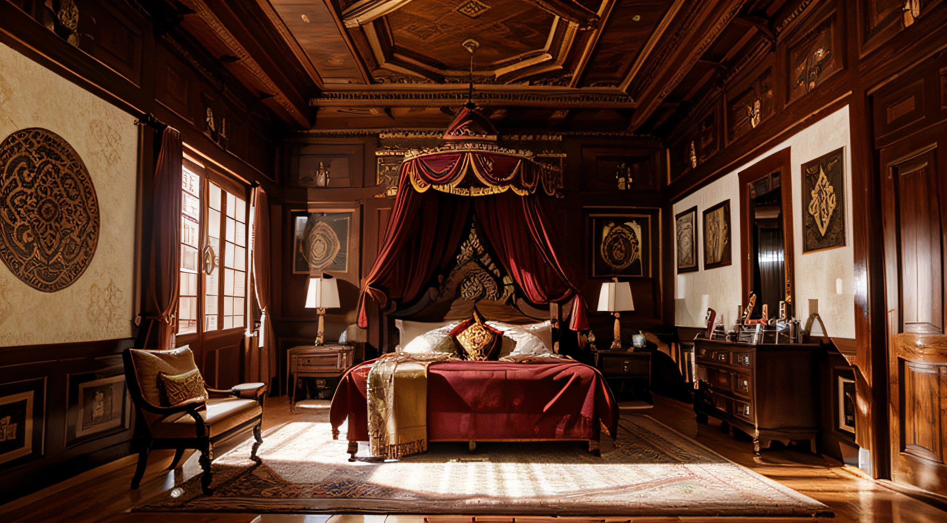 Tibetan decoration,liveroom,annatto,Roman columns,Duo Bao Pavilion,Hide the bed,One hundred square meters,Hanging paintings in the Potala Palace,Nine-square lattice solid wood ceiling,Mahogany floors,European wallpaper,Projector,carpets
