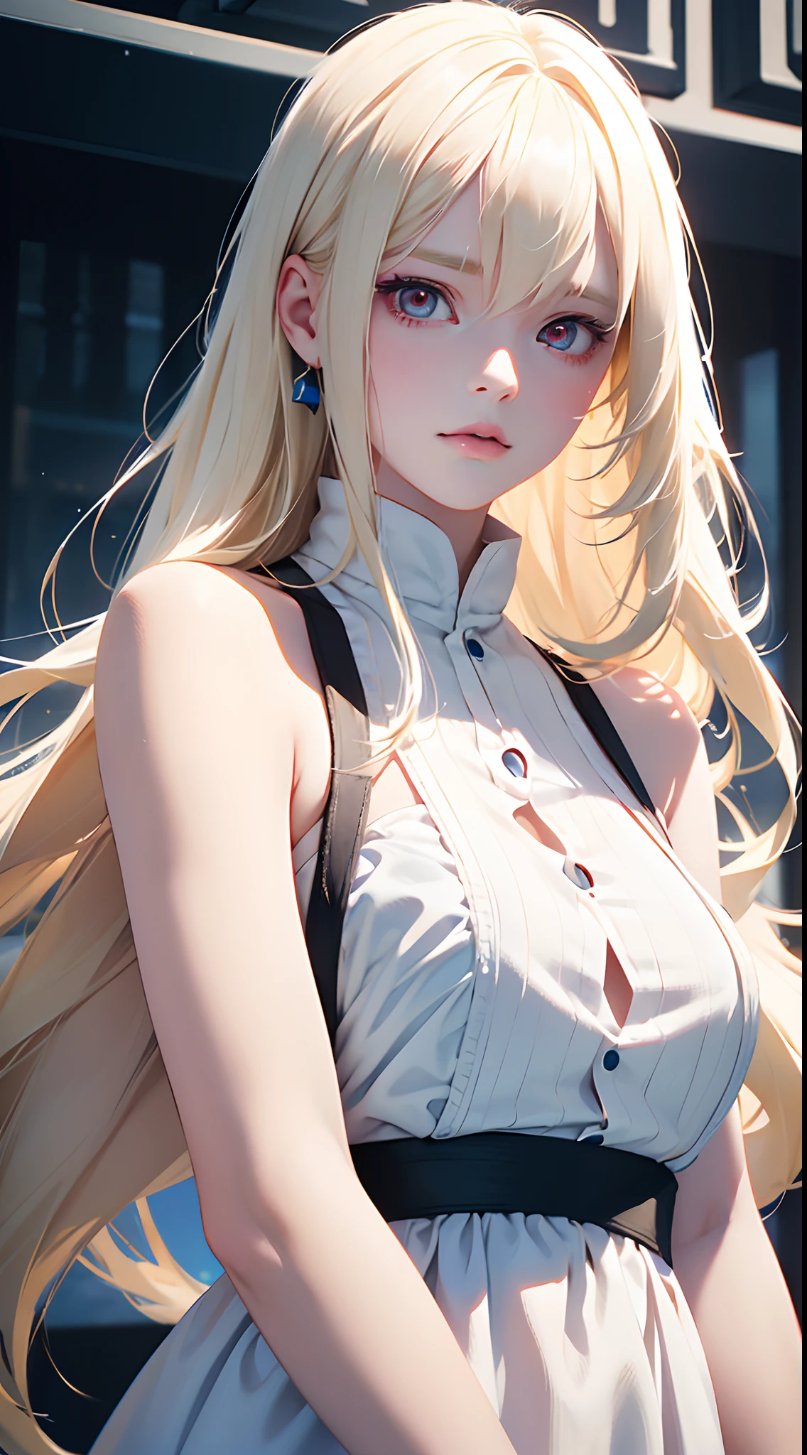 1girl,Albino, cute, beautiful, long hair, red eyes, wearing a white and blue dress, blonde hair,((8k, UHD, ultra realistic))