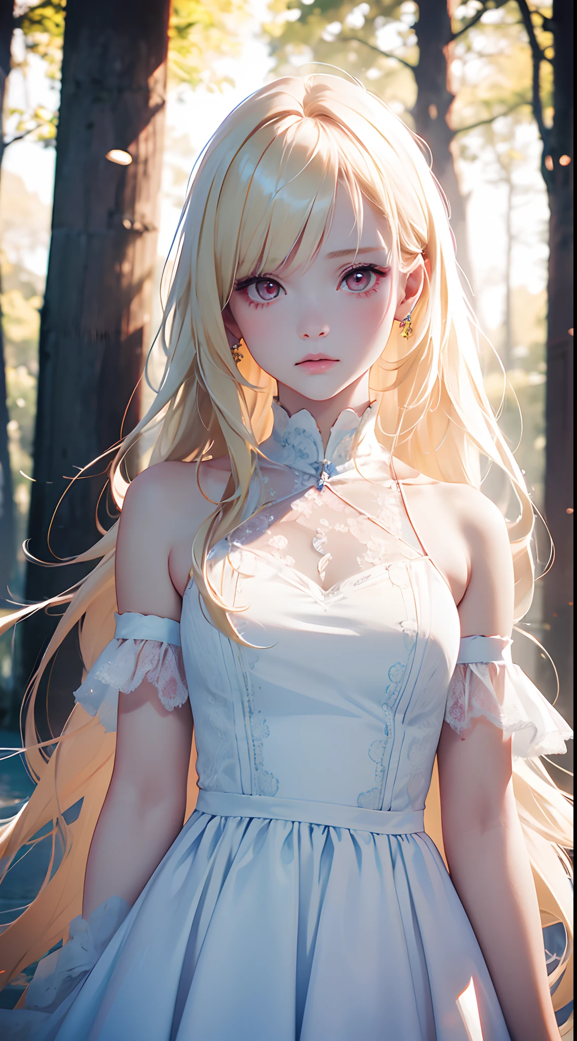 1girl,Albino, cute, beautiful, long hair, red  eyes, wearing a white and blue dress, blonde hair,((8k, UHD, ultra realistic))