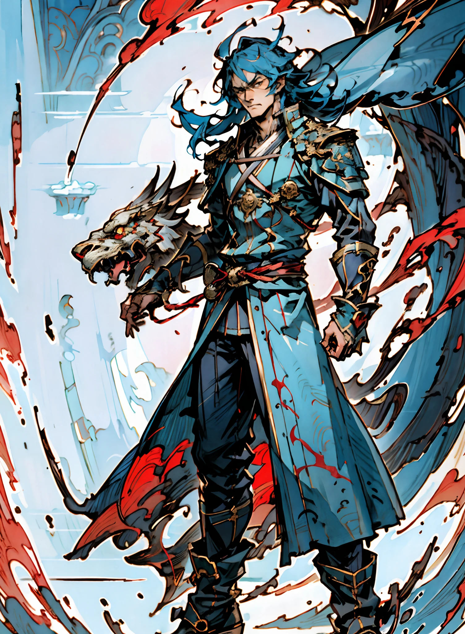 A young man with long slate-blue hair, disheveled and flying hair, sharp gaze, a resolute countenance, he has a mixed West Asian and Eastern European appearance, a fantasy wuxia-style tight-fitting trench coat robe, with a flowing hem, the color scheme is mainly white, with red and white-blue as secondary colors, dark trousers, thick cloth boots, he stands in a majestic posture, while the surrounding space shatters and ruptures with energy, this character embodies a finely crafted fantasy-style Chinese martial hero in anime style, characterized by an exquisite and mature manga illustration art style, high definition, best quality, highres, ultra-detailed, ultra-fine painting, extremely delicate, professional, anatomically correct, symmetrical face, extremely detailed eyes and face, high quality eyes, creativity, RAW photo, UHD, 8k, Natural light, cinematic lighting, masterpiece:1.5