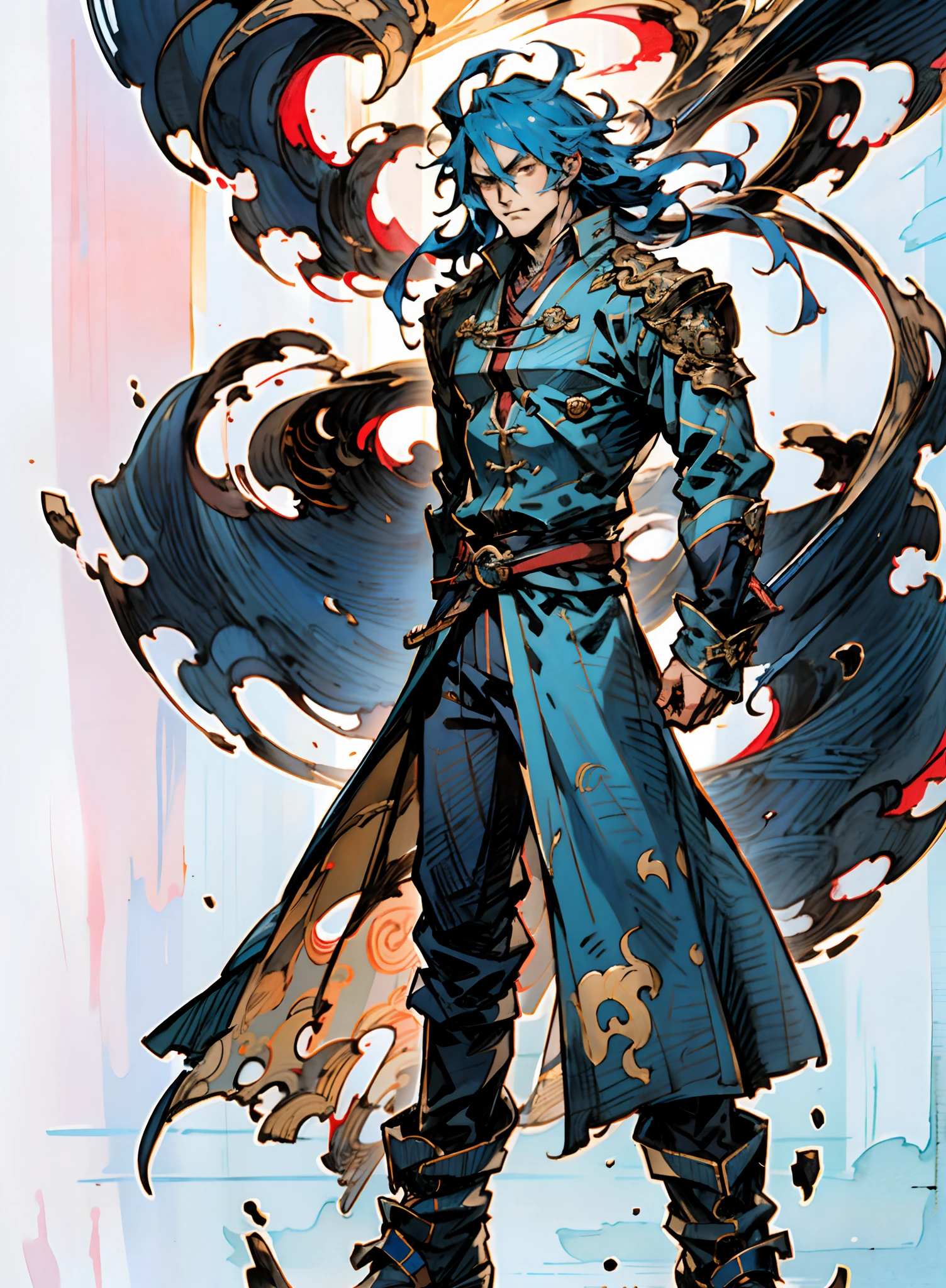 A young man with long slate-blue hair, disheveled and flying hair, sharp gaze, a resolute countenance, he has a mixed West Asian and Eastern European appearance, a fantasy wuxia-style tight-fitting trench coat robe, with a flowing hem, the color scheme is mainly white, with red and white-blue as secondary colors, dark trousers, thick cloth boots, he stands in a majestic posture, while the surrounding space shatters and ruptures with energy, this character embodies a finely crafted fantasy-style Chinese martial hero in anime style, characterized by an exquisite and mature manga illustration art style, high definition, best quality, highres, ultra-detailed, ultra-fine painting, extremely delicate, professional, anatomically correct, symmetrical face, extremely detailed eyes and face, high quality eyes, creativity, RAW photo, UHD, 8k, Natural light, cinematic lighting, masterpiece:1.5