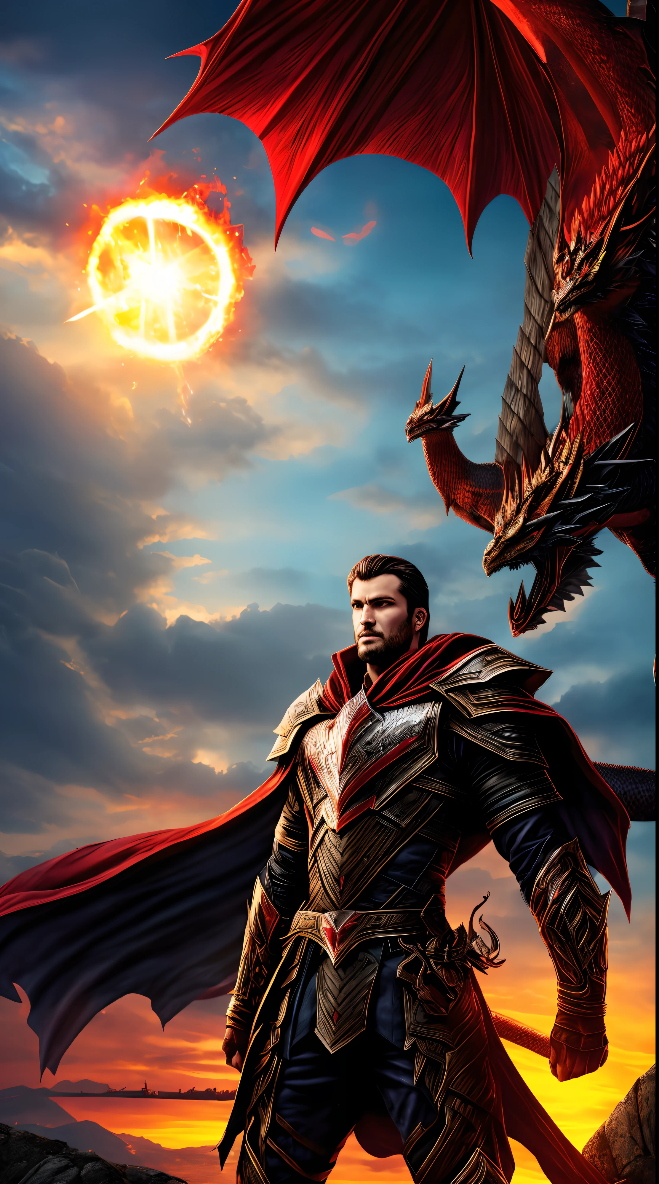 A man and his mythic  power,who can control fire and waterrl,dark red armor, standing on mountain,full body, sunset, dragona flying around