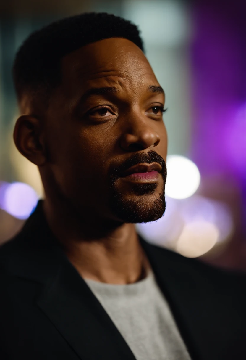 [Retrato de Will Smith:Resumo Antecedentes:0.5], Expressionismo, tons violeta, nevoeiro, smoke billowing, arte digital, tons suaves, depressivo, fundo colorido