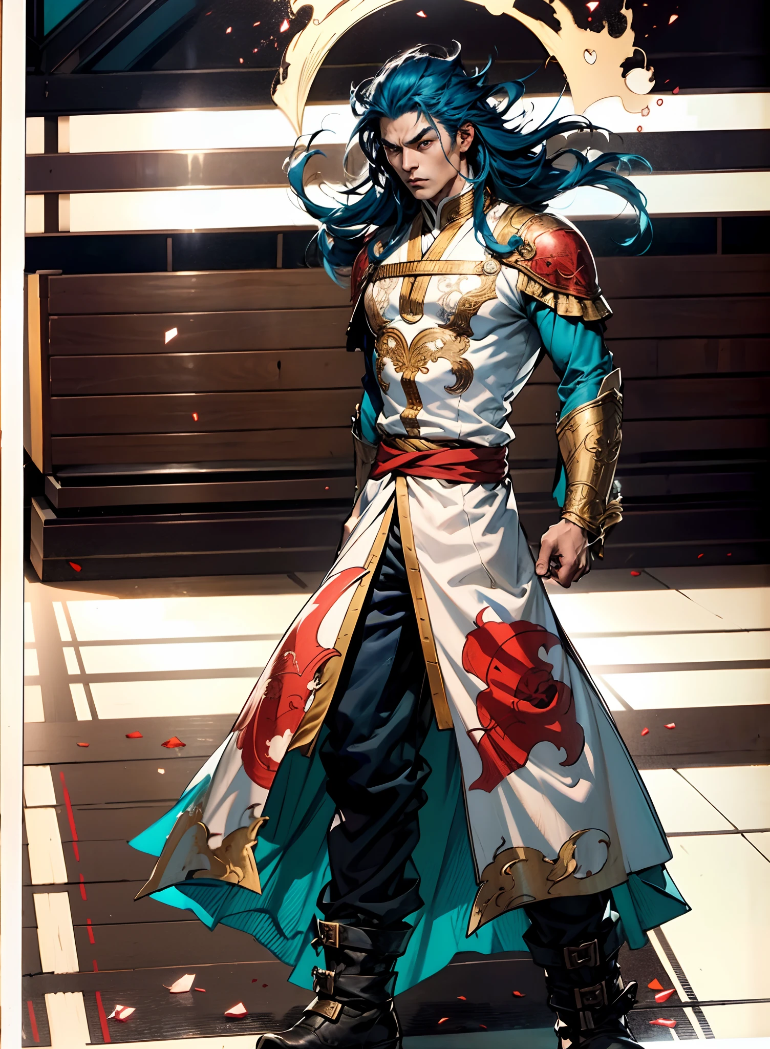 A young man with long slate-blue hair, disheveled and flying hair, sharp gaze, a resolute countenance, he has a mixed West Asian and Eastern European appearance, a fantasy wuxia-style tight-fitting trench coat robe, with a flowing hem, the color scheme is mainly white, with red and white-blue as secondary colors, dark trousers, thick cloth boots, he stands in a majestic posture, while the surrounding space shatters and ruptures with energy, this character embodies a finely crafted fantasy-style Chinese martial hero in anime style, characterized by an exquisite and mature manga illustration art style, high definition, best quality, highres, ultra-detailed, ultra-fine painting, extremely delicate, professional, anatomically correct, symmetrical face, extremely detailed eyes and face, high quality eyes, creativity, RAW photo, UHD, 8k, Natural light, cinematic lighting, masterpiece:1.5