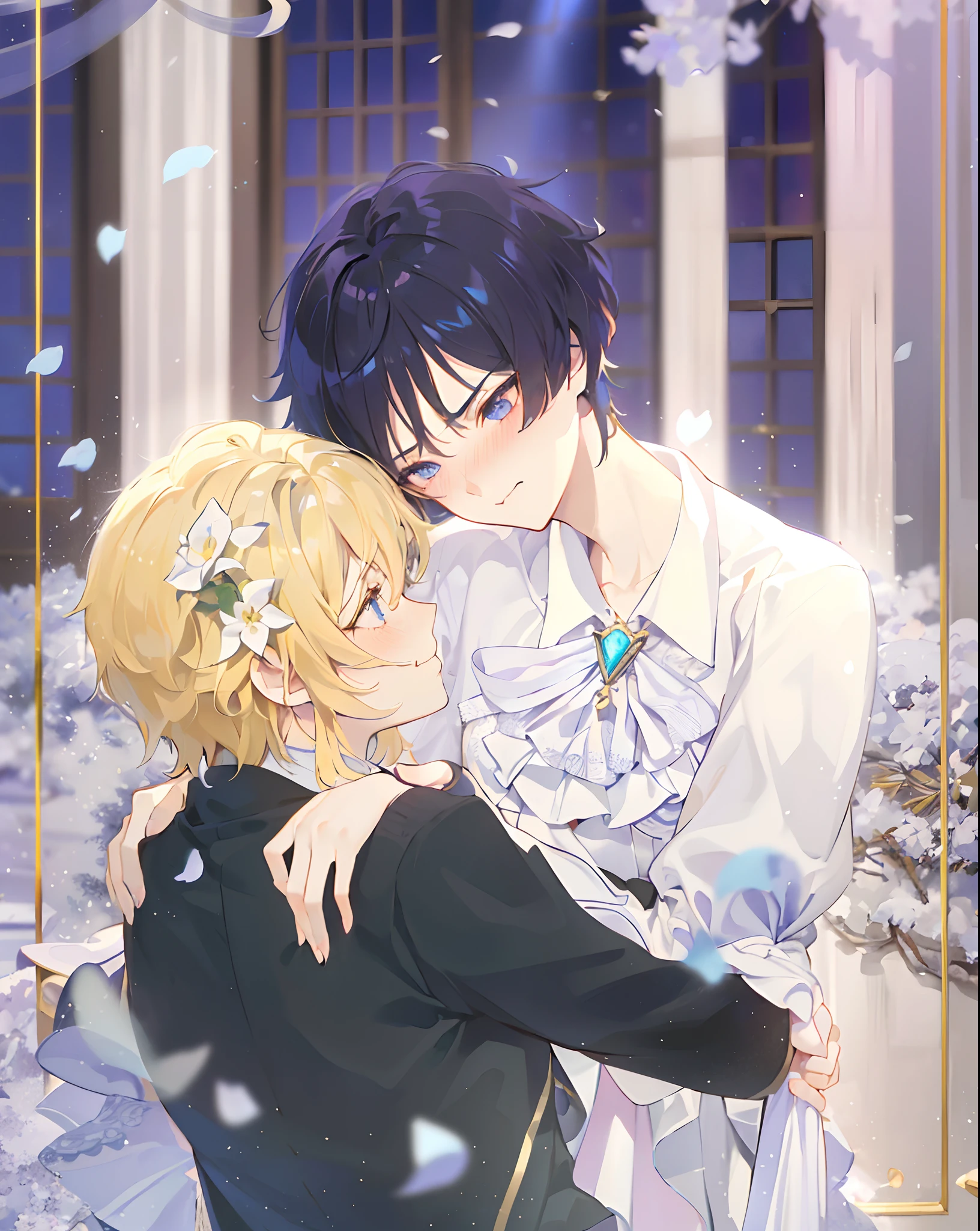 anime couple in a winter scene with snow falling around them, 1girl, 1boy, hetero, couple, scaramouche (genshin impact), lumine (genshin impact), official fanart, shoujo romance, ((the girl with blonde hair and golden eyes)), ((the boy with dark-indigo hair and indigo eyes)), ((the boy pouting, frowning and blushing)), ((the girl smiling and lifting up the boy's body)), anime key visual of elegant, genshin impact fanarts, beautiful girl, flowers in the girl's hair, eyes to eyes