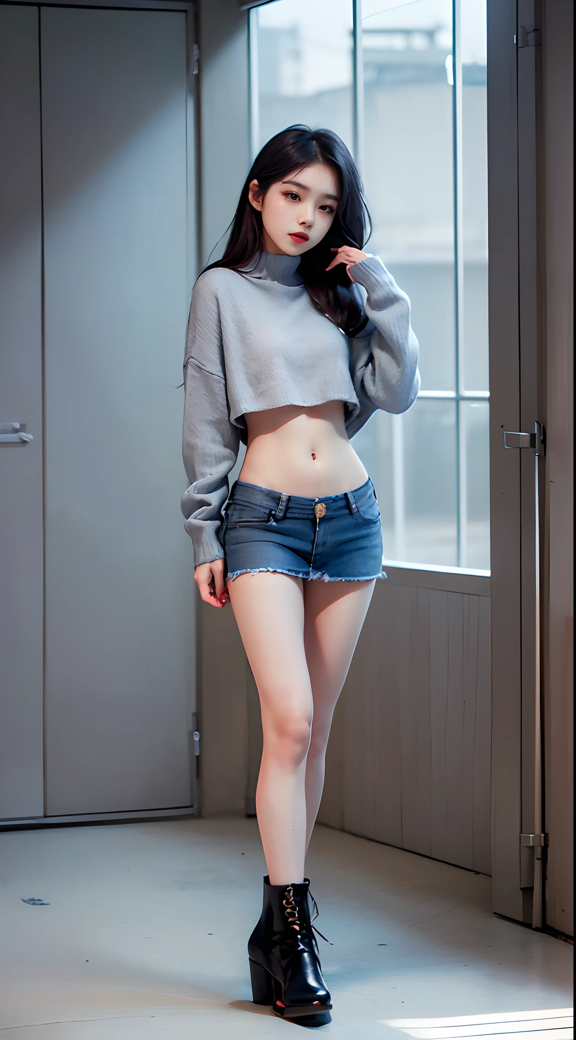 Asian Girl, Kpop Idol, ((of the highest quality, 8K, masutepiece: 1.3)), Crisp focus: 1.2, Beautiful woman with perfect figure: 1.4, Highly detailed face and skin texture, Detailed eyes, Beautiful face, Symmetrical face, full-length,