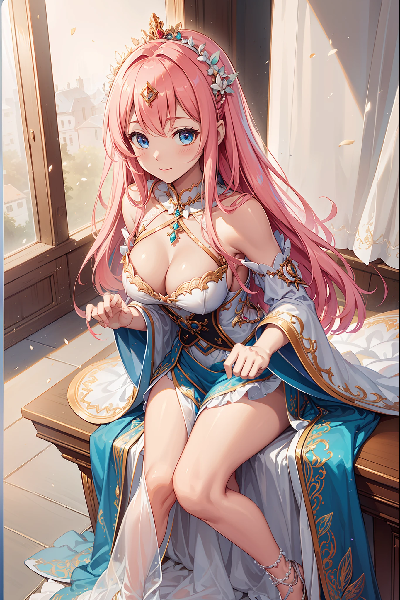 (Best quality, A high resolution, Textured skin, High quality, High details,Extremely detailed CG unity),s girl,魅惑的,Temptation of the,Divine happiness,Being in love,(Light Victorian princess dress),Pink hair,eBlue eyes,Maximalism,Many delicate ruffles,Many delicate laces,Multi-colored cloth,Delicate embroidery,Delicate pattern,Complex and noble crown,exquisite costumes,((see-through transparent clothes)),Bedrooms,the night,glittery,(Dazzle:1.3),Movie lighting,the night,solo person,Fluttering skirt,Princess features,pearls,Broken diamonds,Crystal Shard,light particules,Oil-based materials