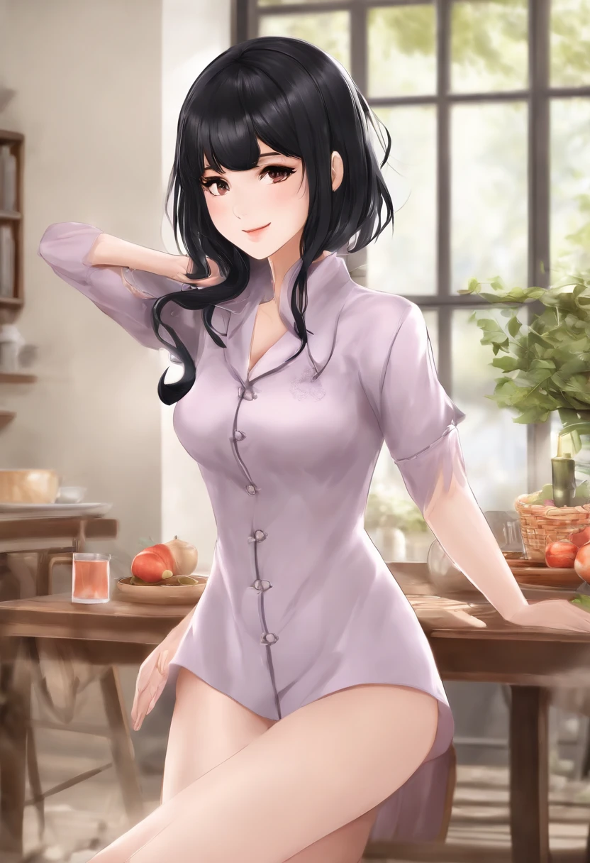 Hinata in the Naruto anime, Black hair, Short hair, bangs, Lilac eyes, Apply mascara, , Perfect body, Perfect breasts, Beautiful woman, Very beautiful, Wear black pajamas, pyjamas, pajamas, In the kitchen, Dry kitchen, Realism, Masterpiece, Textured leather, Super detailed, High detail, High quality, Best quality, 1080p,((perspire,Be red in the face,Blush:1.5)