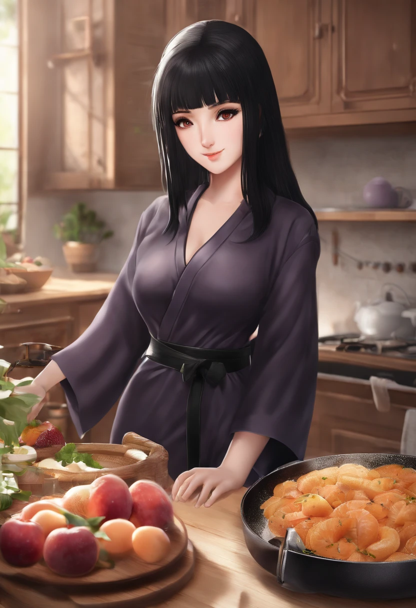 Hinata in the Naruto anime, Black hair, Short hair, bangs, Lilac eyes, Apply mascara, , Perfect body, Perfect breasts, Beautiful woman, Very beautiful, Wear black pajamas, pyjamas, pajamas, In the kitchen, Dry kitchen, Realism, Masterpiece, Textured leather, Super detailed, High detail, High quality, Best quality, 1080p,((perspire,Be red in the face,Blush:1.5)