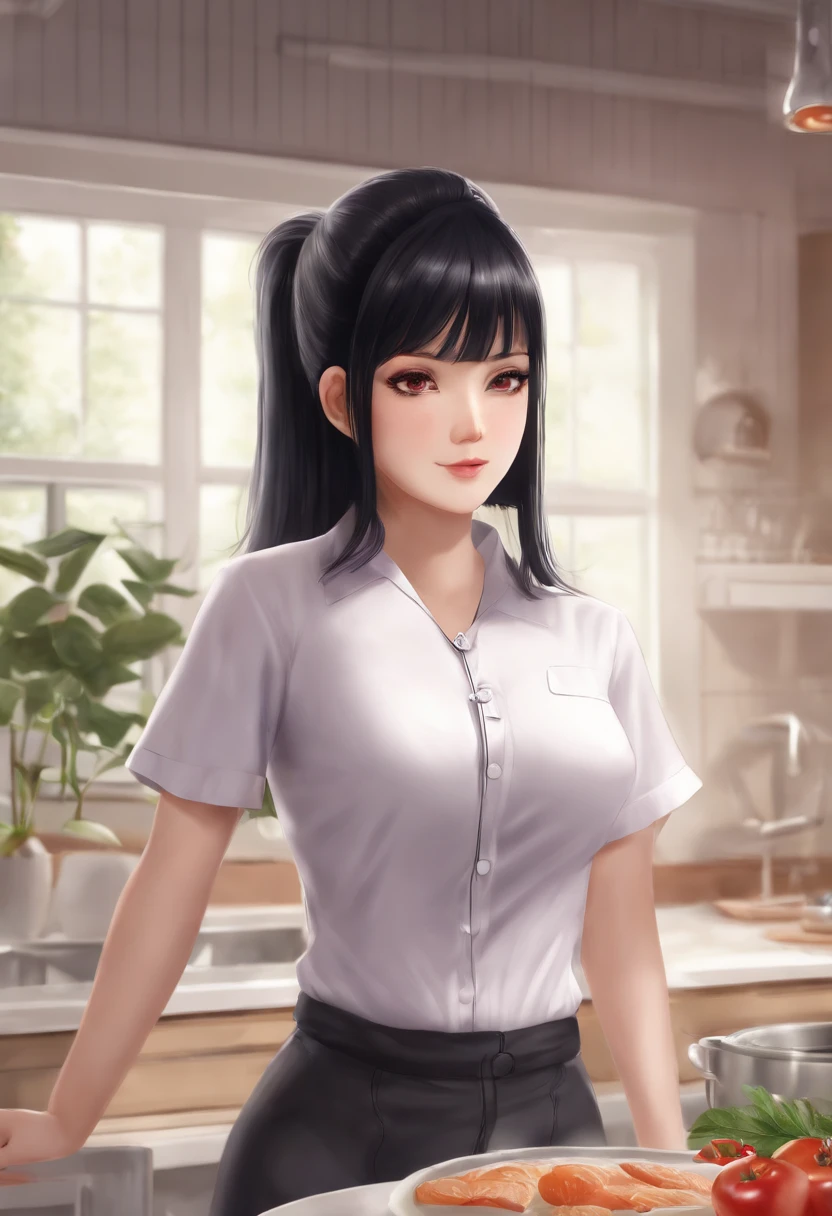 Hinata in the Naruto anime, Black hair, Short hair, bangs, Lilac eyes, Apply mascara, , Perfect body, Perfect breasts, Beautiful woman, Very beautiful, Wear black pajamas, pyjamas, pajamas, In the kitchen, Dry kitchen, Realism, Masterpiece, Textured leather, Super detailed, High detail, High quality, Best quality, 1080p,（（perspire，Be red in the face，Blush：1.5）