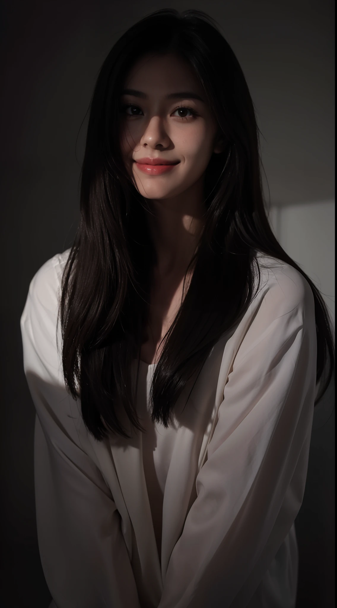 1girll,Fake smile,hair straight,In the dark,deepshadow
