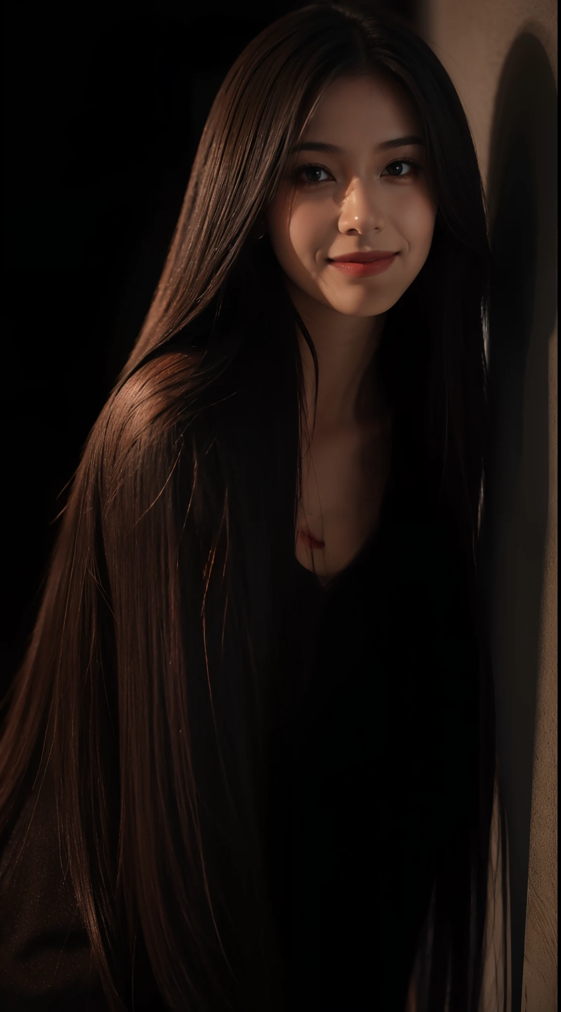 1girll,Fake smile,hair straight,In the dark,deepshadow