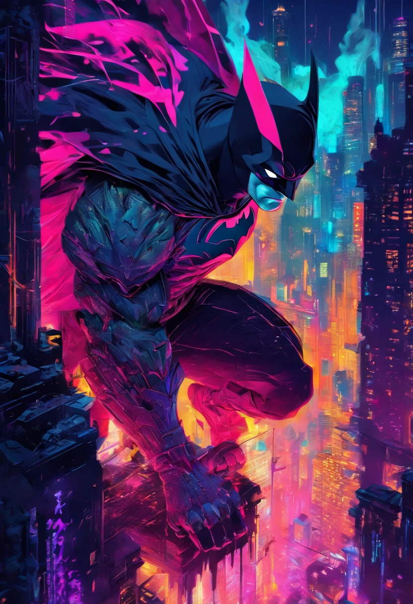 cuerpo completo, Estilo Instaport, Perfect anatomy, batman, crouching on a stone gargoyle, overlooking the streets of Gotham City below, long cape floating, dynamic, Altamente detallado, Artstation, conceptual, Suave, foco nítido, illustration, arte de Carne Griffiths y Wadim Kashin, Sf, Obra maestra de arte intrincada, ominoso, matte paint movie poster, golden ratio, tendencias en CGSociety, intrincado, epopeya, tendencias en Artstation, , Altamente detallado, Vibrante, production cinematic character render,