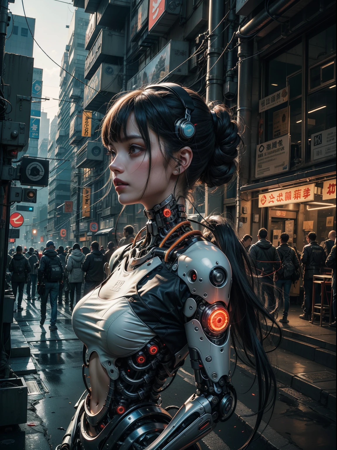 ((1 cybernetic girl)) (mechanical made limbs s:1.2),((mechanical limbs)),(blood vessels connected to tubes),(mechanical vertebra attaching to back),((mechanical cervical attaching to neck)),expressionless,(wires and cables attaching to neck:1.2),(wires and cables on head:1.2),(character focus), (((masterpiece))), (((best quality))), ((ultra-detailed)), (highly detailed CG illustration), ((an extremely delicate and beautiful)),cinematic ,science fiction,extreme detailed,colorful,highest detailed, loongs,fengs, cyberpunk city background.