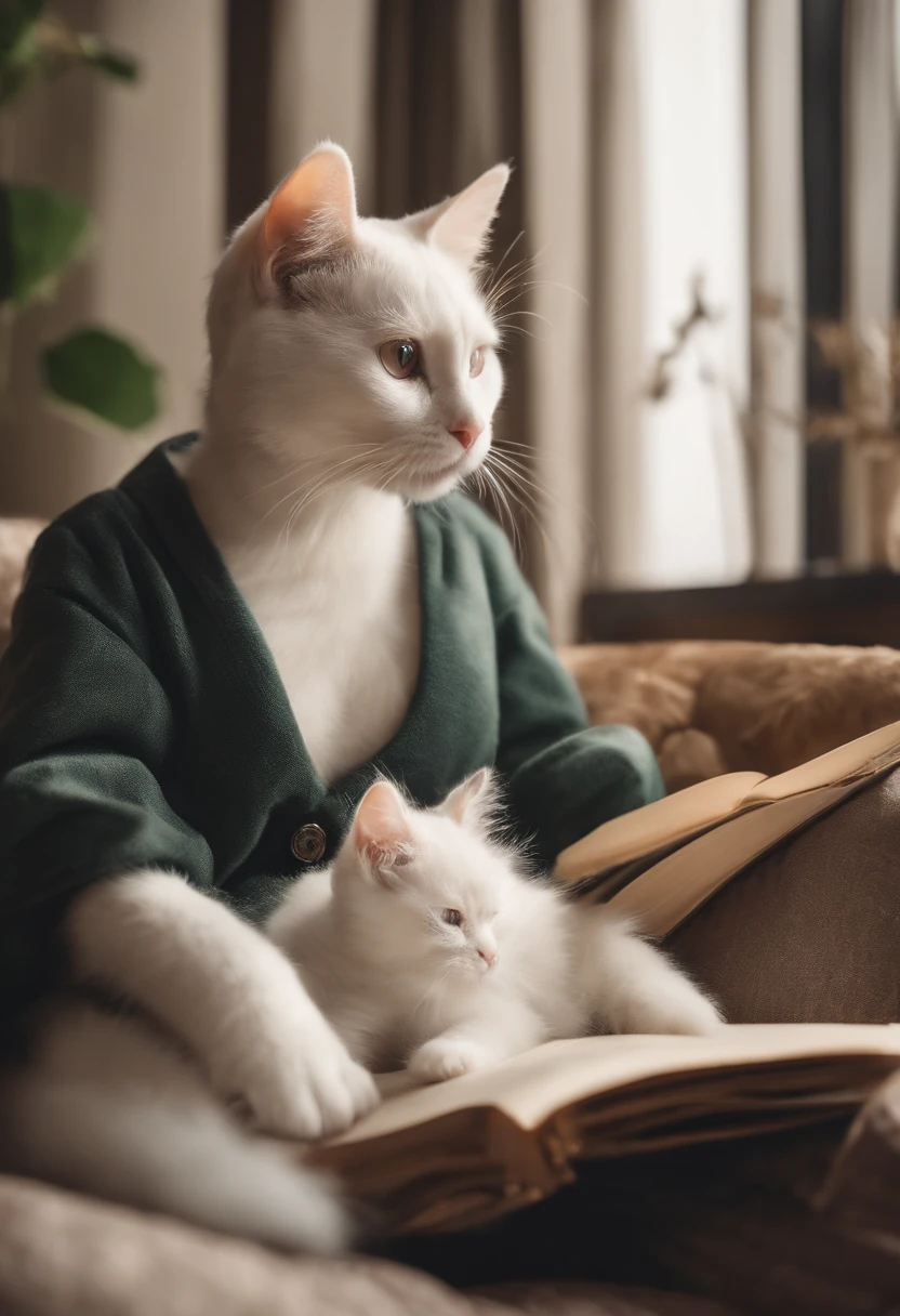 there is a cat on it, a cute little cat, The cutest kitten in history, Very beautiful and cute girl cat, Lewd and excited white cat, a cute little cat, Intelligent cat, an anthro cat, funny cat, cute kittens, And a sad cat. They read books on the couch、Sitting on a chair. They are relaxing after a hard day. They are wearing pajamas.