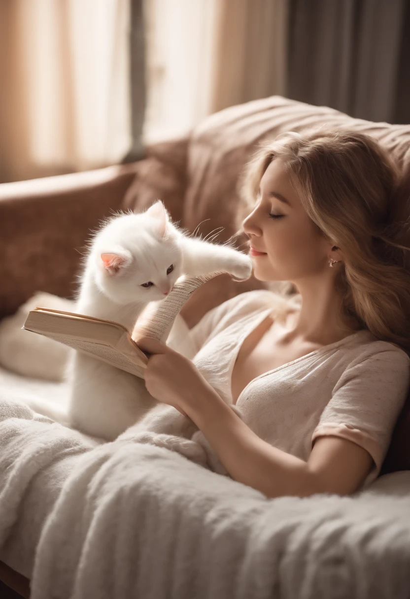 there is a cat on it, a cute little cat, The cutest kitten in history, Very beautiful and cute girl cat, Lewd and excited white cat, a cute little cat, Intelligent cat, an anthro cat, funny cat, cute kittens, And a sad cat. They read books on the couch、Sitting on a chair. They are relaxing after a hard day. They are wearing pajamas.