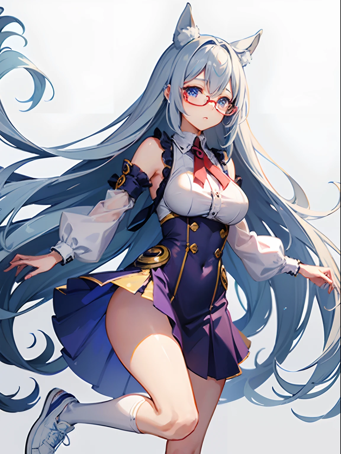 ((Best Quality)), (ultra-detailliert), ((Extremely detailed)), (Beautiful), ((Kawaii Girl)),((masutepiece)),Blue eyes、Hair is white、Longhaire、Quirk hair、Horse ears,Horse tail、tall、Breasts are big、White running clothes on purple background、Lavender colored black running shoes、Red under-rim glasses、animesque、Uma Musume,One girl,pipa early english