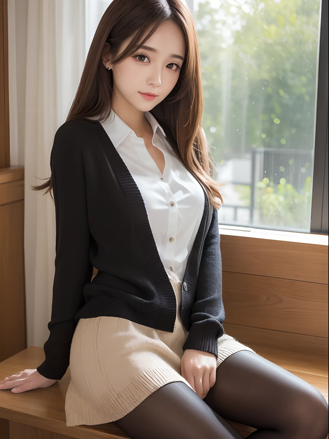 (((masterpiece))), (((best quality))), ((ultra-detailed)), (illustration), (detailed light),((an extremely delicate and beautiful)),(beautiful detailed eyes), BREAK 1girl, solo,(tareme:1.3),(droopy eyes:1.3),smile, BREAK brown hair,straight hair, blouse,cardigan,skirt, black pantyhose,sitting,beautiful thighs