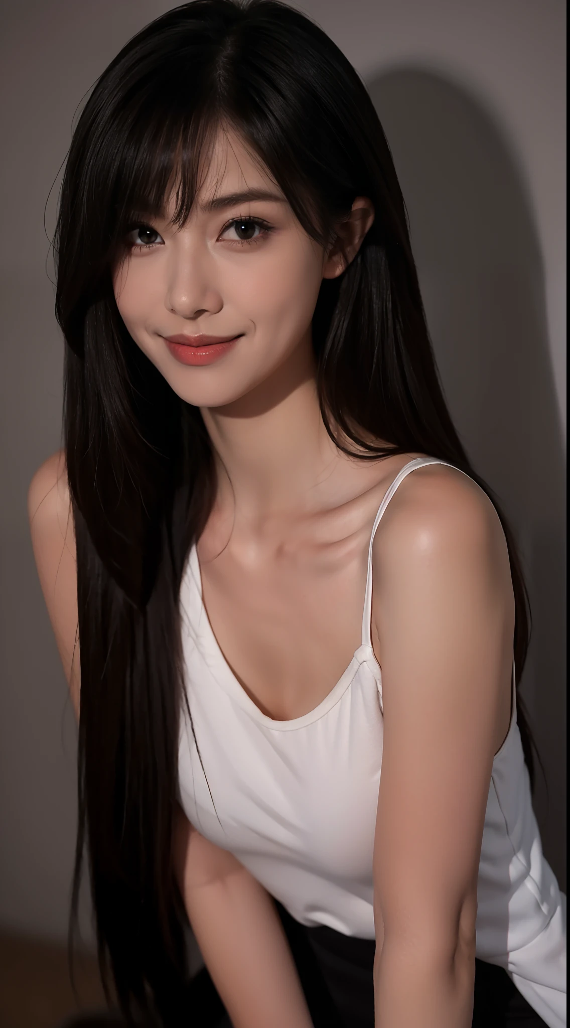 1girll,Fake smile,hair straight,In the dark,deepshadow