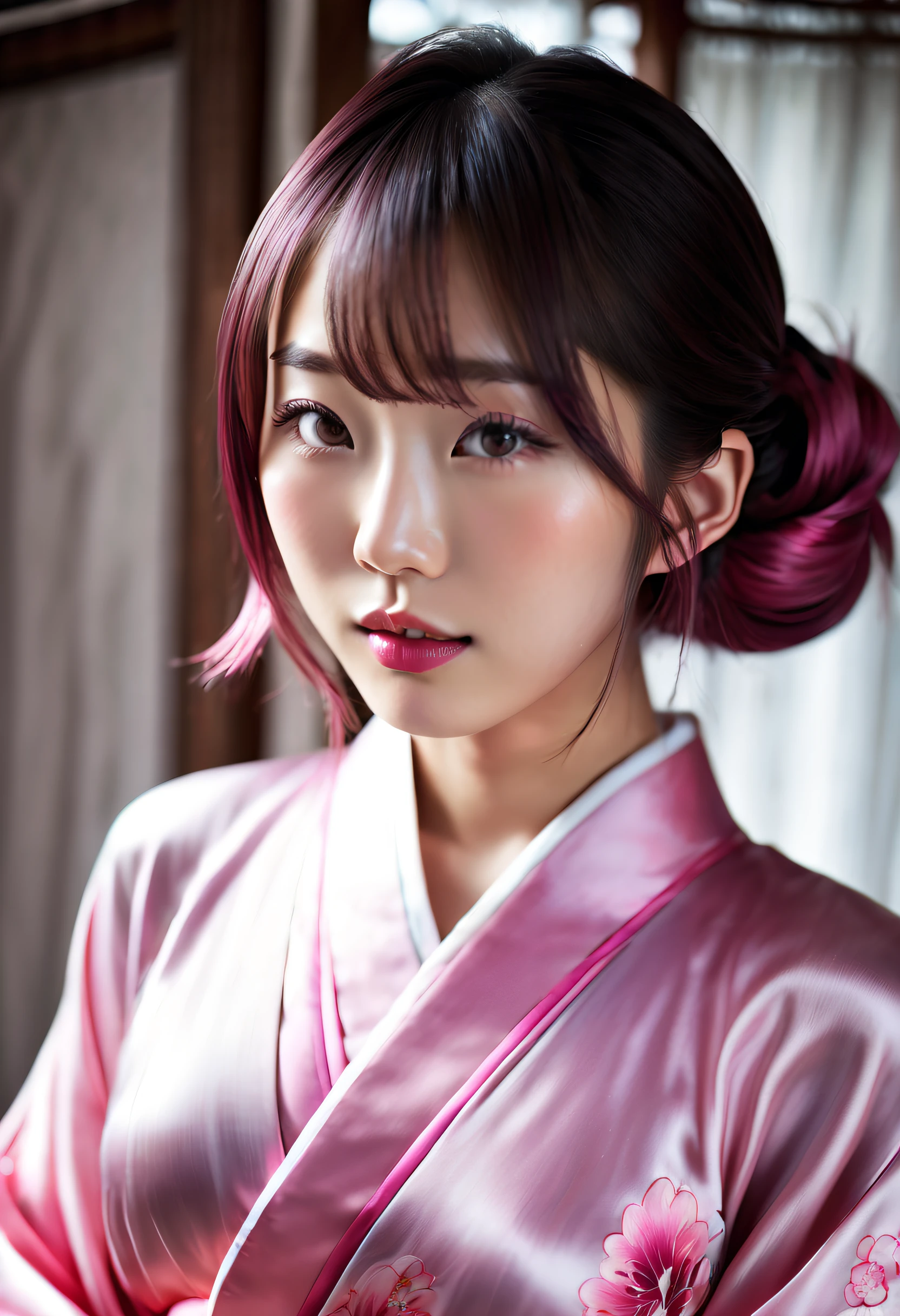 Beautiful Japanese 18 year old woman, silk qipao, photorealistic, masterpiece, tight clothes, large breasts, lipstick, beautiful face, seductive, cute, silk kimono, pink hair