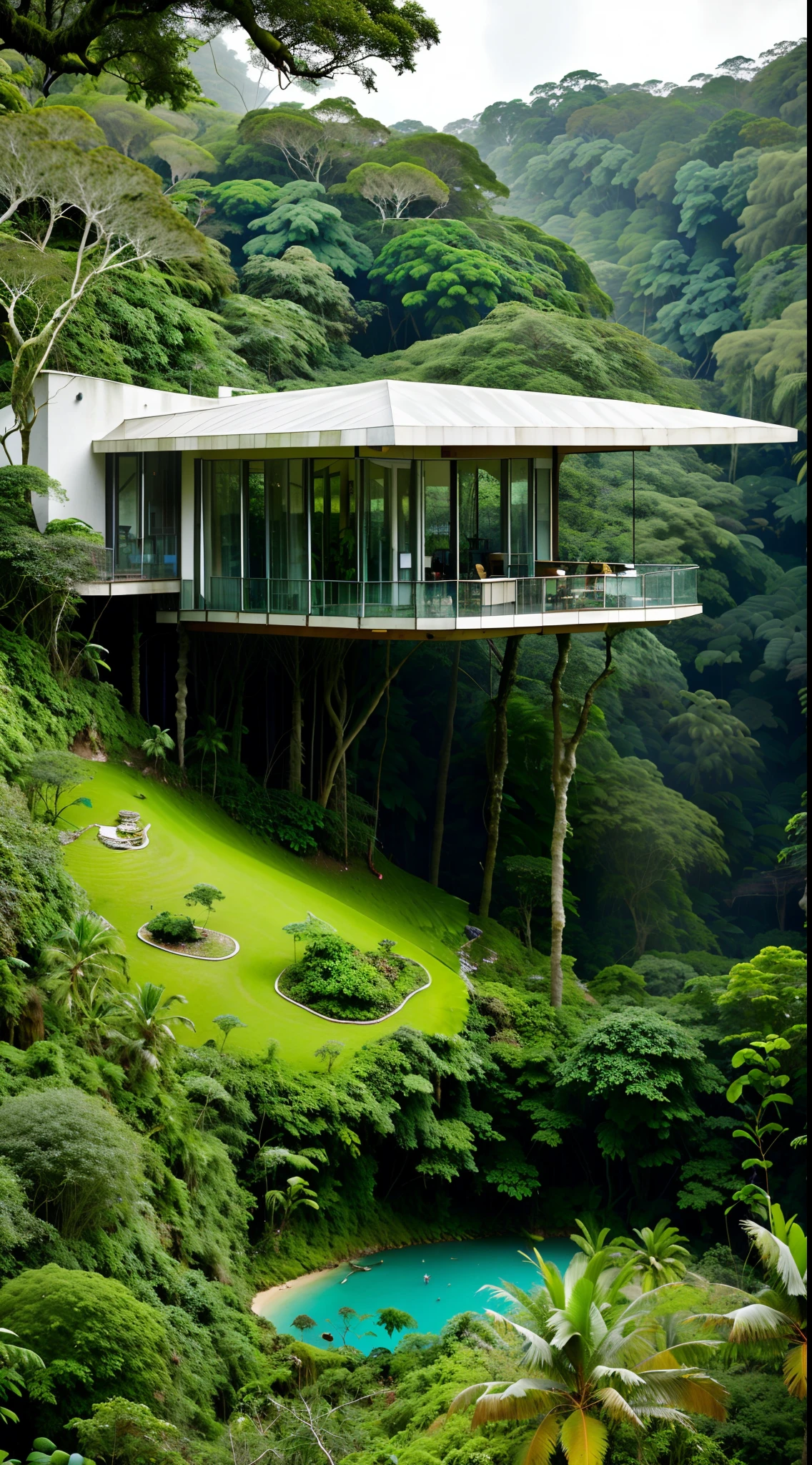 Sala de estar com vista para uma montanha e uma floresta, mountainous jungle setting, jungle setting, Como uma cena de Blade Runner, magical ambiance, pintura escura ultrarrealista, em um ambiente de selva, pleasant environment, floresta nublada, Selva bonita, ambiente mal-humorado, Selva exuberante, Inside an alien jungle, Plantas e selva, montanhas da floresta tropical, ambiente relaxante