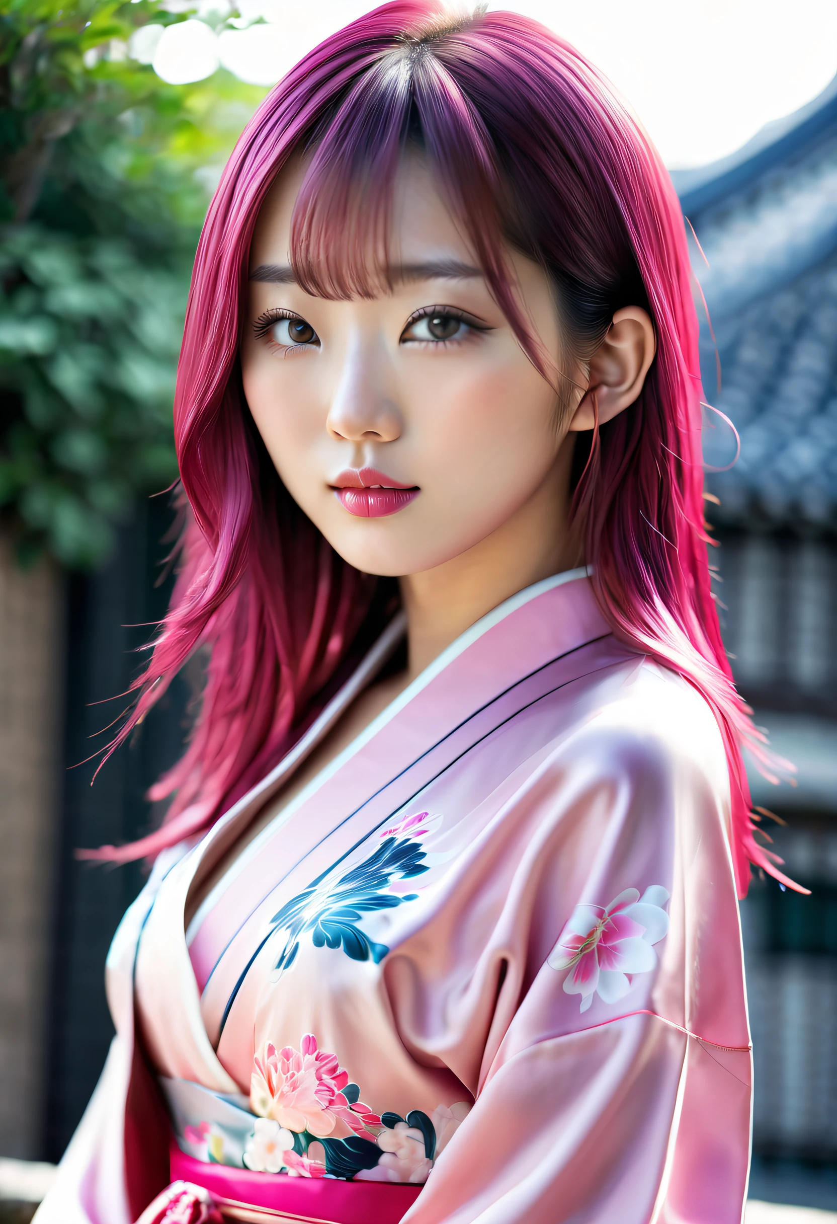 gorgeous beautiful sexy girl in the most beautiful very detailed open kimono with belt and ribbons with ((long wavy pink hair)), seductive and sensual look, freckles, beautiful symmetrical face, pretty natural makeup, huge and huge breasts accentuated, huge and gigantic, cherry blossoms blowing in the wind shinto shrine background