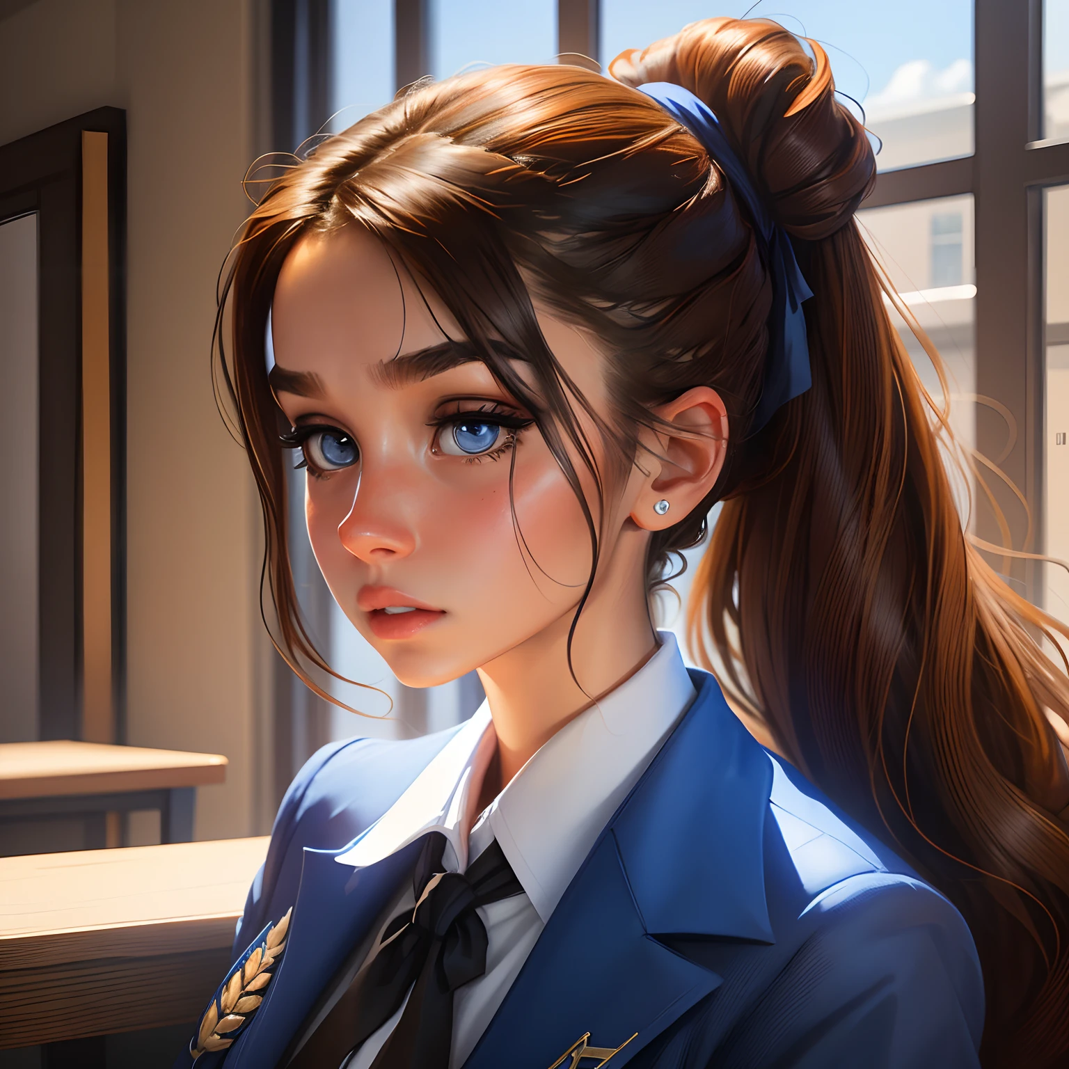 A girl with long brown hair tied in a ponytail, blue eyes with dark circles and full lips , wearing a fancy royal blue school uniform , Portair HD