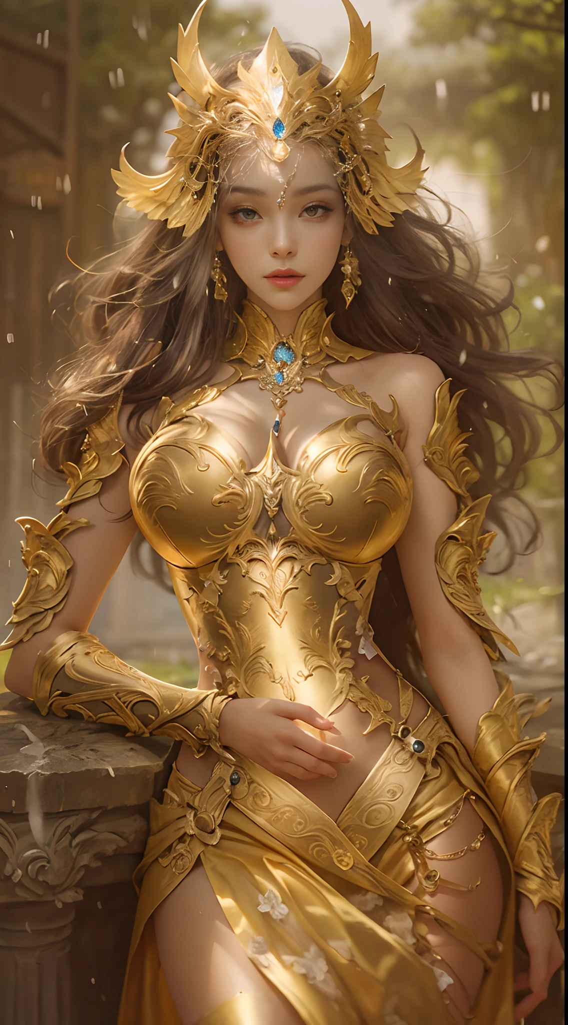 Woman in a golden dress, perfect breast,,True Art Station, Rainstorm site, detailed fantasy art, Stunning character art, Beautiful and exquisite character art, Beautiful golden armor, Extremely detailed, Girl in shiny armor, Exquisite tiaras and jewelry, Full body capture,