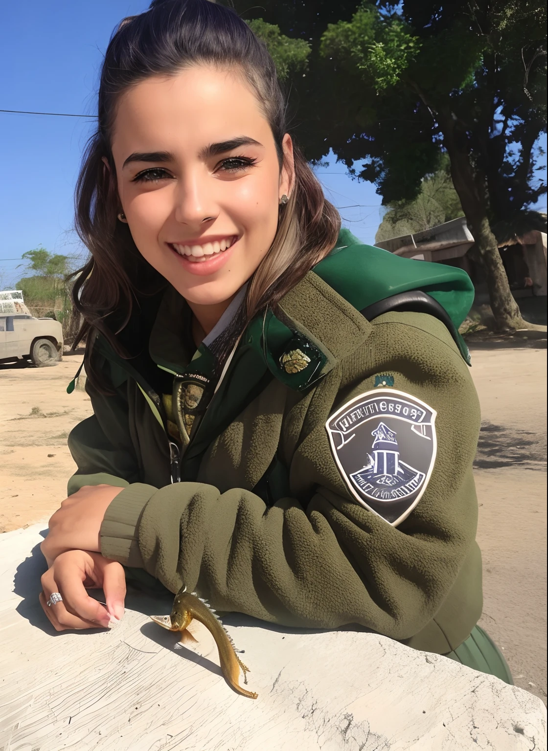 mulher arafed em uma jaqueta verde segurando um pequeno lagarto, Nilo, Retrato de uma guarda florestal feminina, yael shelbia, Hila Klein, Directed by: Anna Haifisch, no set, por Nele Zirnite, ๐ฐ ๐ โ ๐, foto do perfil, Gal Yosef, em uniforme, xerife feminino, com um sapo bonito, Directed by: Micha Klein