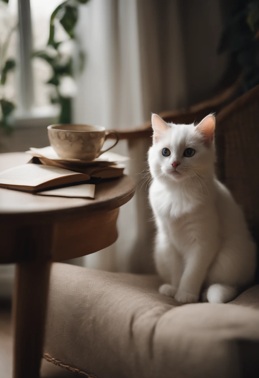 there is a cat on it, a cute little cat, The cutest kitten in history, Very beautiful and cute girl cat, Lewd and excited white cat, a cute little cat, Intelligent cat, an anthro cat, funny cat, cute kittens, And a sad cat. They read books on the couch、Sitting on a chair. They are relaxing after a hard day. They are wearing pajamas.