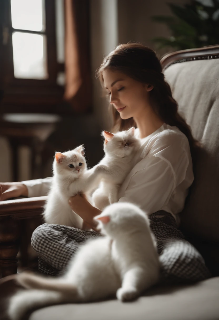 there is a cat on it, a cute little cat, The cutest kitten in history, Very beautiful and cute girl cat, Lewd and excited white cat, a cute little cat, Intelligent cat, an anthro cat, funny cat, cute kittens, And a sad cat. They read books on the couch、Sitting on a chair. They are relaxing after a hard day. They are wearing pajamas.