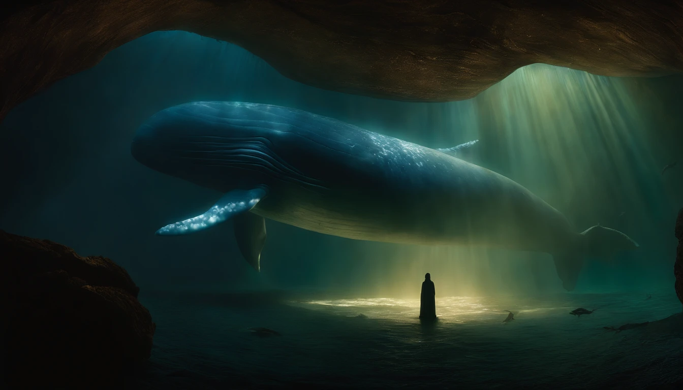 A moment of desperate prayer in the huge belly of a giant whale.
Illuminated by the dim light coming in from the whale's mouth.
The inner walls of whales are rough, Moist texture, Some kind of marine residue is visible.
The figure of the giant whale hovers above Jonah,