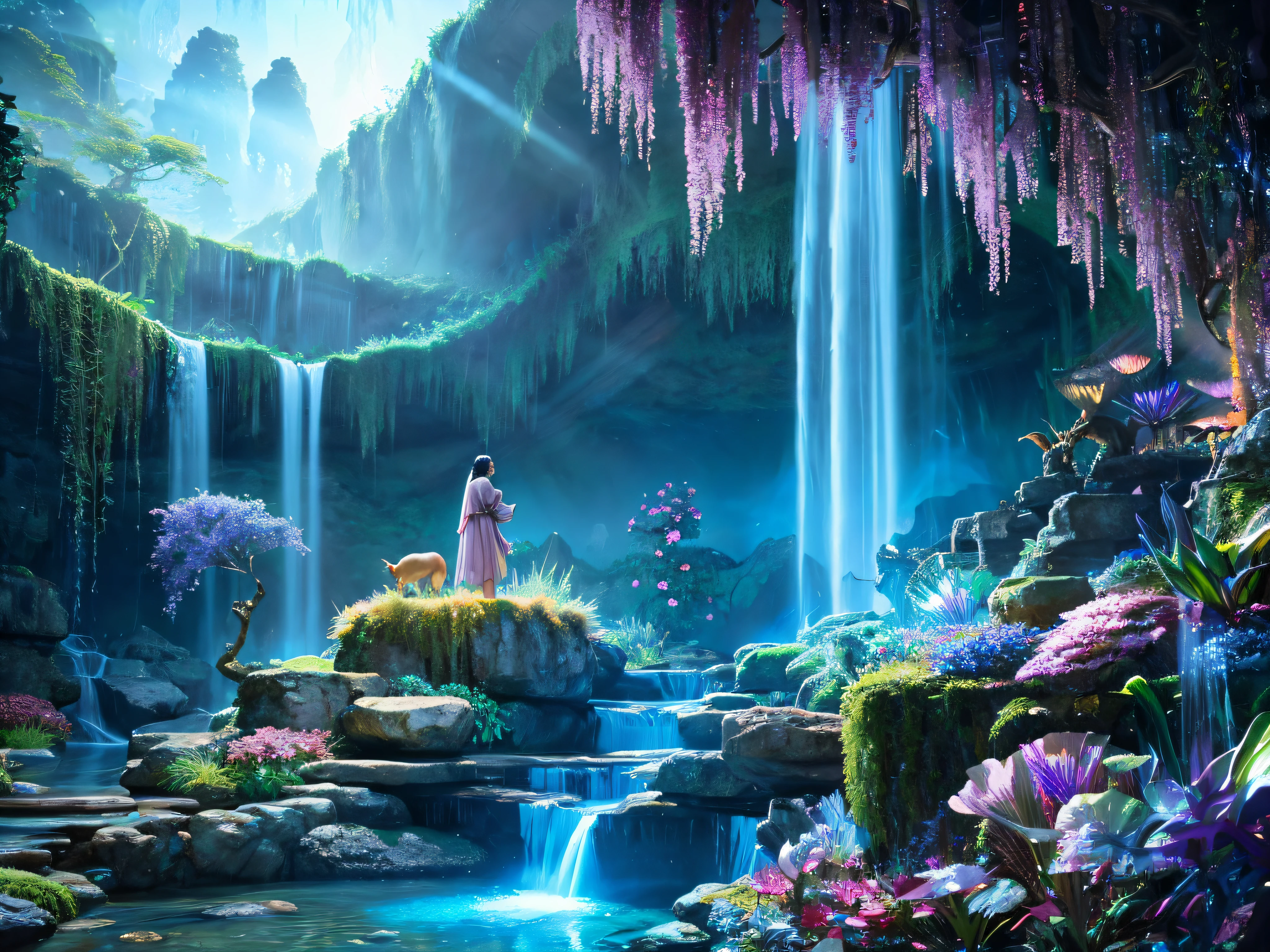 Mystical Waterfall: A majestic waterfall surrounded by mythical creatures and iridescent flora.