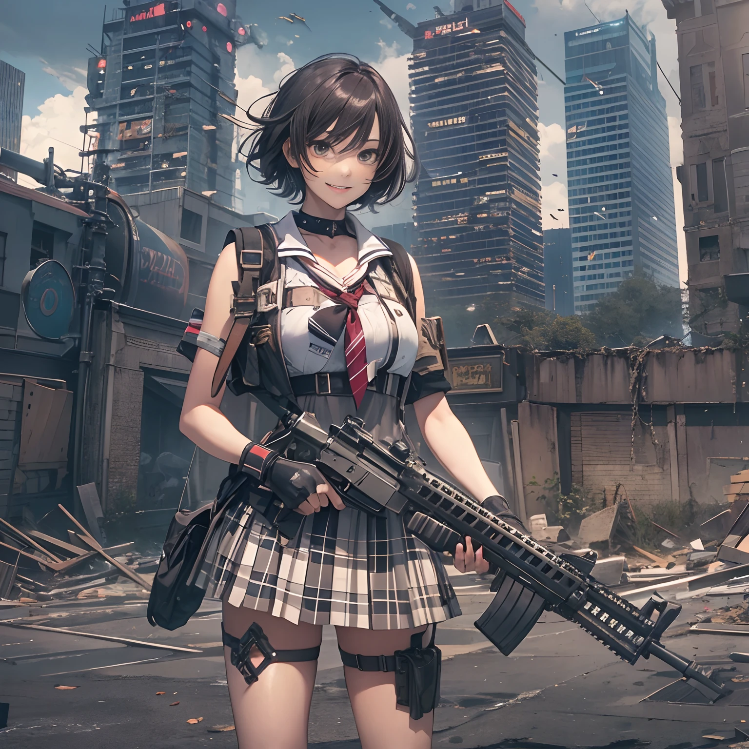 masterpiece, High quality, Cinematic lighting, Front camera angle, Ruined metropolis, High school girl standing on the ground holding an assault rifle (M16), Beautiful girl, Invincible grin, Stylish, Short hair , cleavage, short sailor suit, tartan miniskirt, dynamic pose,