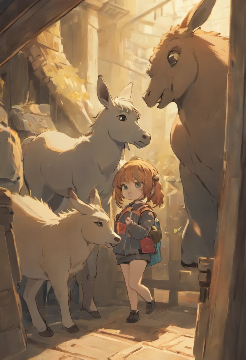 Draw a donkey animals next to each other in cartoon style, A goat and a bear