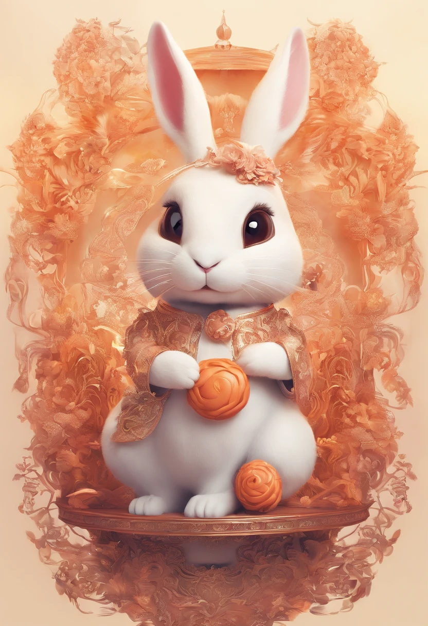 Q version of the rabbit,Cute and cute,Moon cake,laurel,themoon,The light is depicted in detail,orange tint,oc rendered,high qulity,tmasterpiece,Hyper-realistic,Ultra photo realsisim,8K,super-fine,ultra - detailed,Ultra-wide angle of view,dynamic viewing angle