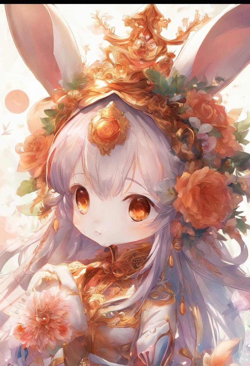 Q version of the rabbit,Cute and cute,Moon cake,laurel,themoon,The light is depicted in detail,orange tint,oc rendered,high qulity,tmasterpiece,Hyper-realistic,Ultra photo realsisim,8K,super-fine,ultra - detailed,Ultra-wide angle of view,dynamic viewing angle
