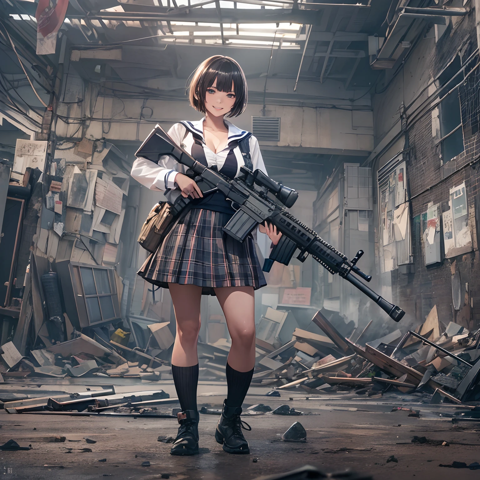 masterpiece, high quality, feel ill, Cinema Lighting, Front camera angle, A ruined metropolis, A high school girl standing on the ground holding an assault rifle (M16), beautiful girl, Invincible Smile, Good style , short hair, Cleavage, Short sailor suit, Tartan mini skirt, Dynamic pose,